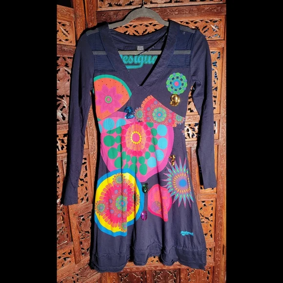Desigual | Dresses | Desigual Navy Cotton Sequin Embellished Dress With  Peekaboo Mesh Size Small | Poshmark